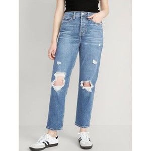 Old Navy Extra High Rise Button Fly Sky Hi Straight Ripped Jeans Womens 4 NEW